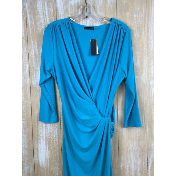 Josie Natori Drape Midi Turquoise Dress Women's Medium Twist V-neck Waist NWT - Picture 2 of 12